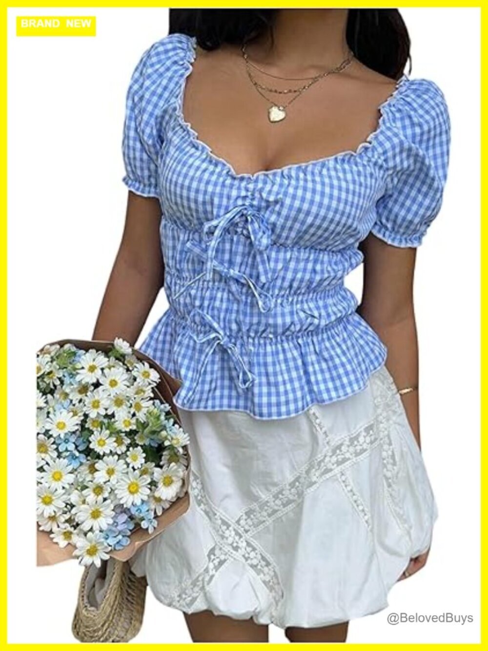 Cute Bowknot Gingham Peplum Top Puff Sleeve Frill Trim Y2k Going Out Blouse
